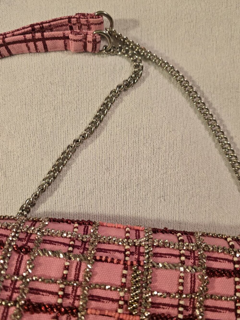 New Zara Pink Plaid Beaded Crossbody Bag With Chain Strap - Picture 7 of 16